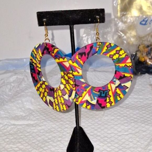 Ankara African Style Fabric Large Hoop Earrings Tribal Boho Colorful Dangle Drop - Picture 1 of 6